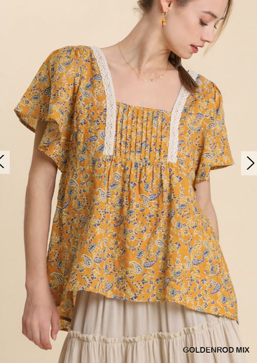 Paisley Print Top with Crocket Trim and Pintuck Details