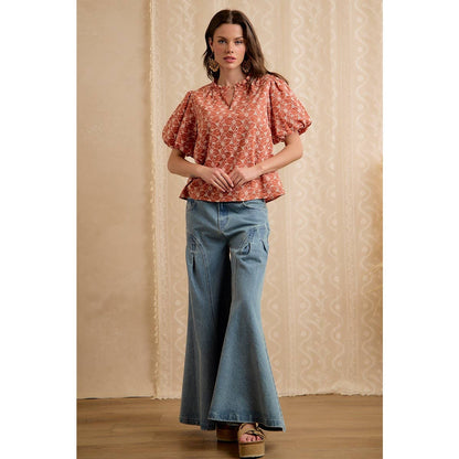 RUST COTTON EYELET PUFF SLEEVE BLOUSE