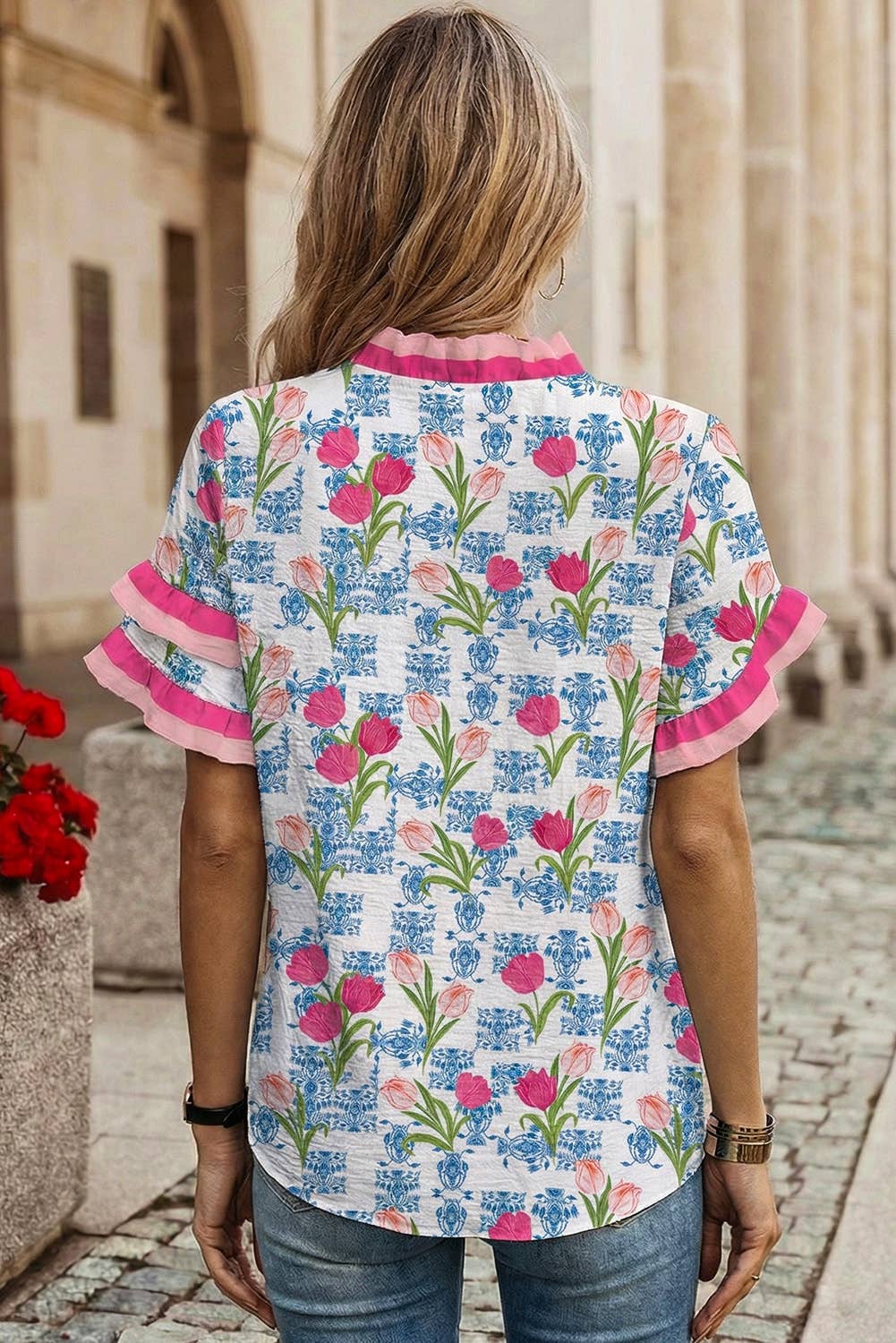 Floral Print Ruffled Trim V Neck Blouse | S-XL