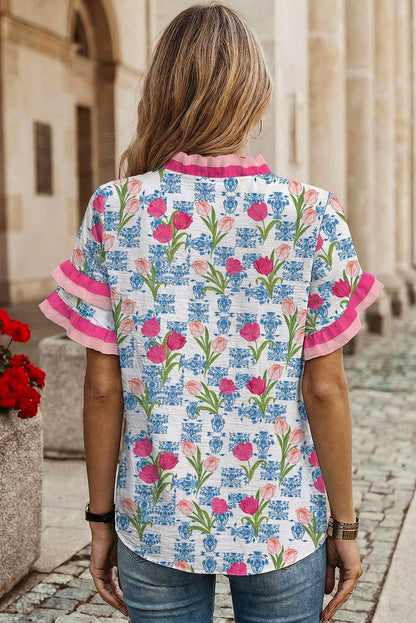 Floral Print Ruffled Trim V Neck Blouse | S-XL