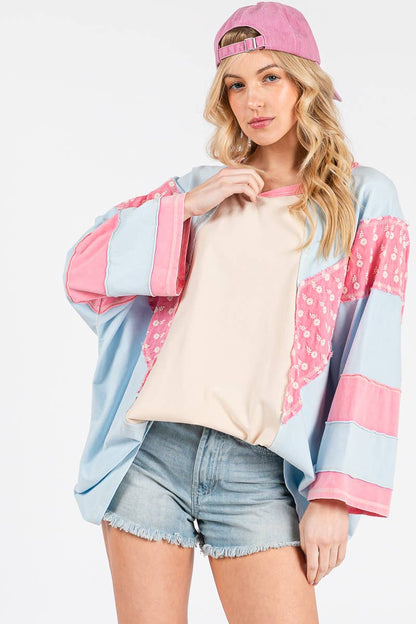 Mineral Washed Floral Patch Oversized Top