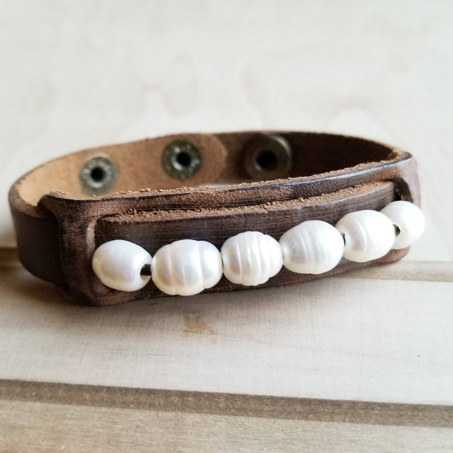 Dusty Leather Narrow Cuff with Genuine Freshwater Pearls