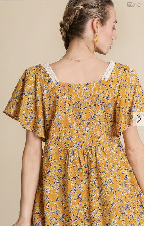 Paisley Print Top with Crocket Trim and Pintuck Details