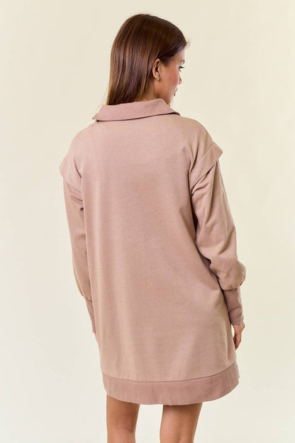 French Half Zip-Up Sweatshirt Dress W/ Pockets