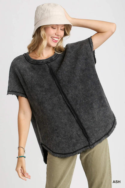 Round Neck High Low Hem Washed Waffle Top
