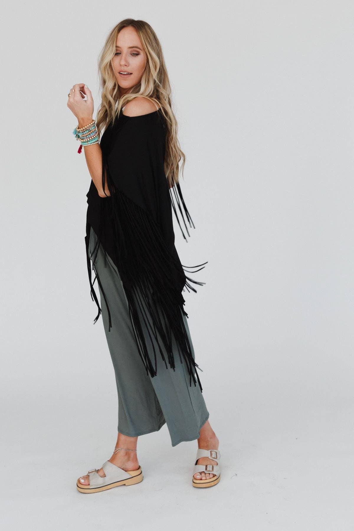 Oversized Western Showstopper Fringe Top - Black