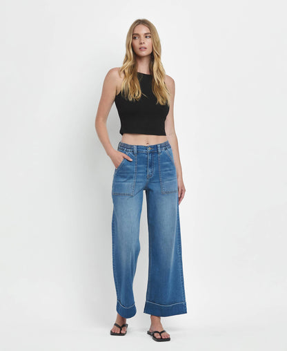 KRIS HIGH RISE DOUBLE CUFFED BAGGY WIDE JEANS