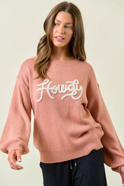 HOWDY' EMBROIDERED ROUND NECK OVERSIZED SWEATER -43995T-4
