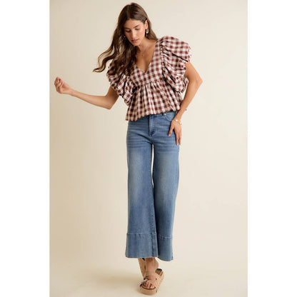 GINGHAM BUBBLE SLEEVES BACK SMOCKED BLOUSE TOP