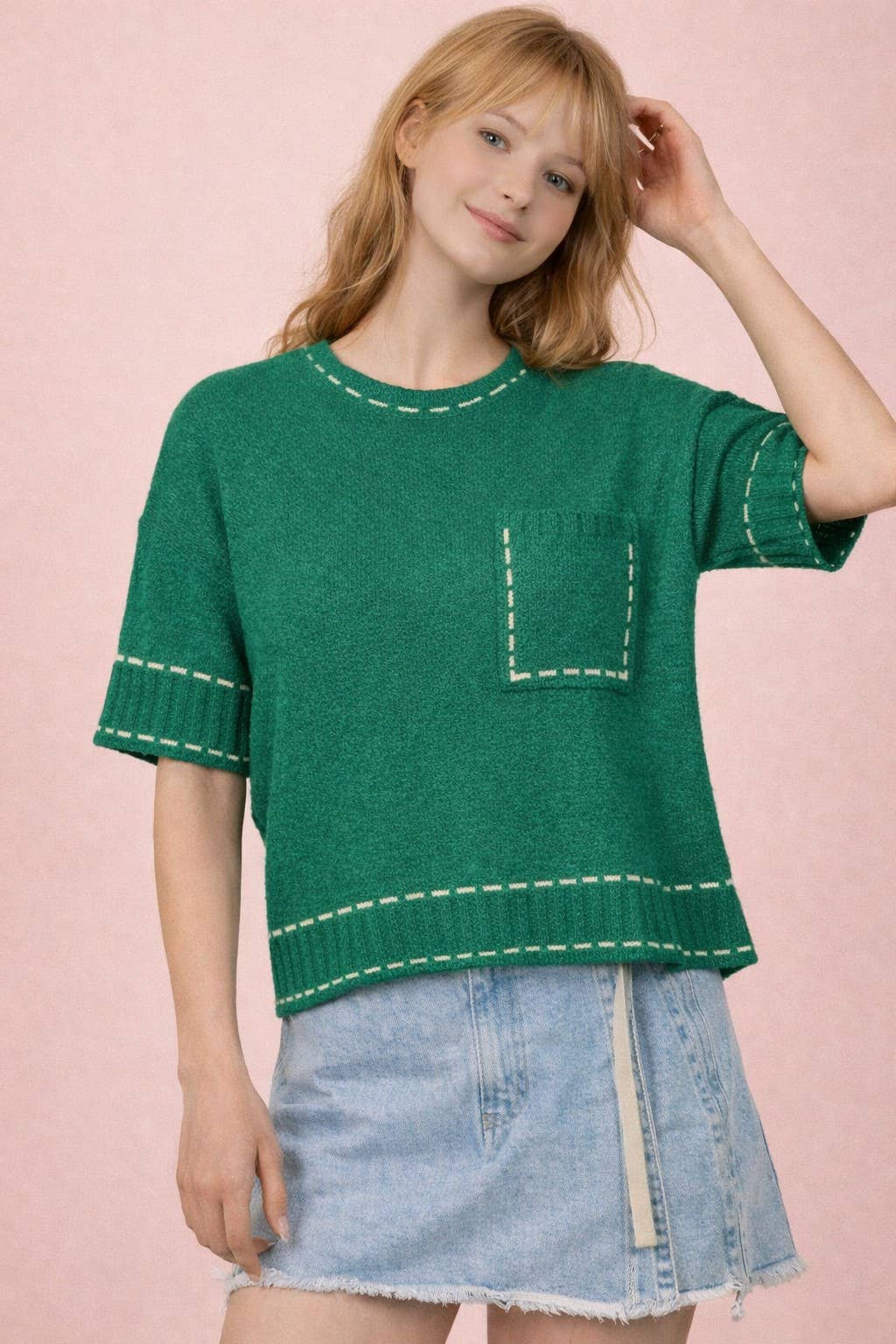 12W3636N-Stitch Detail Knit Sweater Top