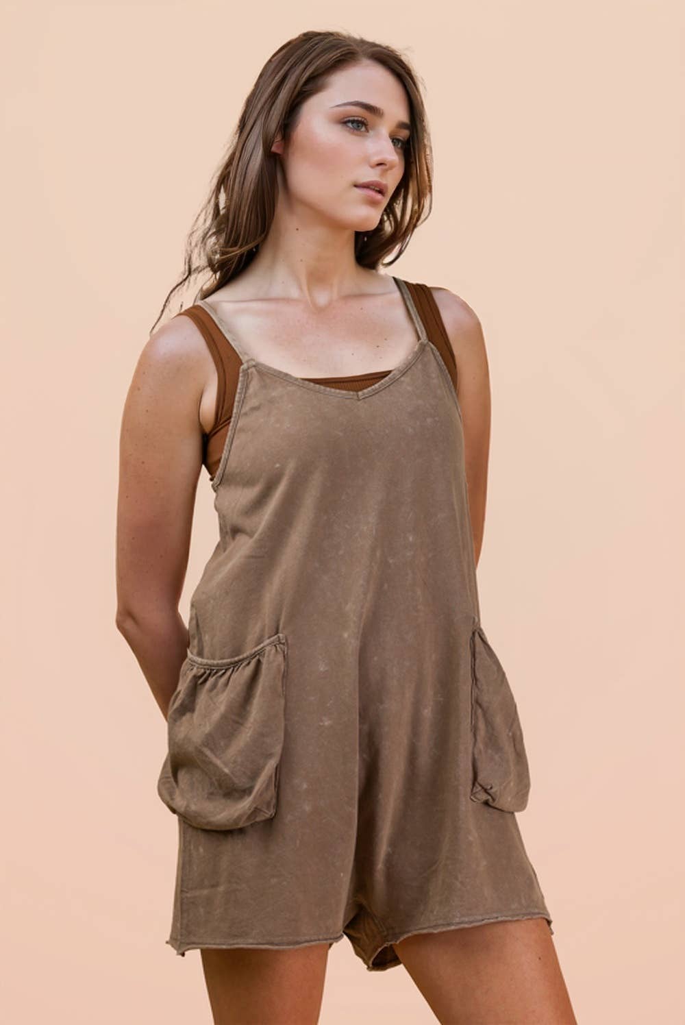 NP70359-Mineral Washed Sleeveless Casual Knit Romper