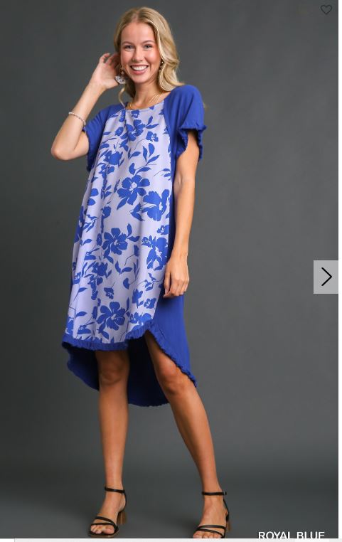 Linen Blend Front Floral Print Dress with High Low Hem & Unfinished Fringe