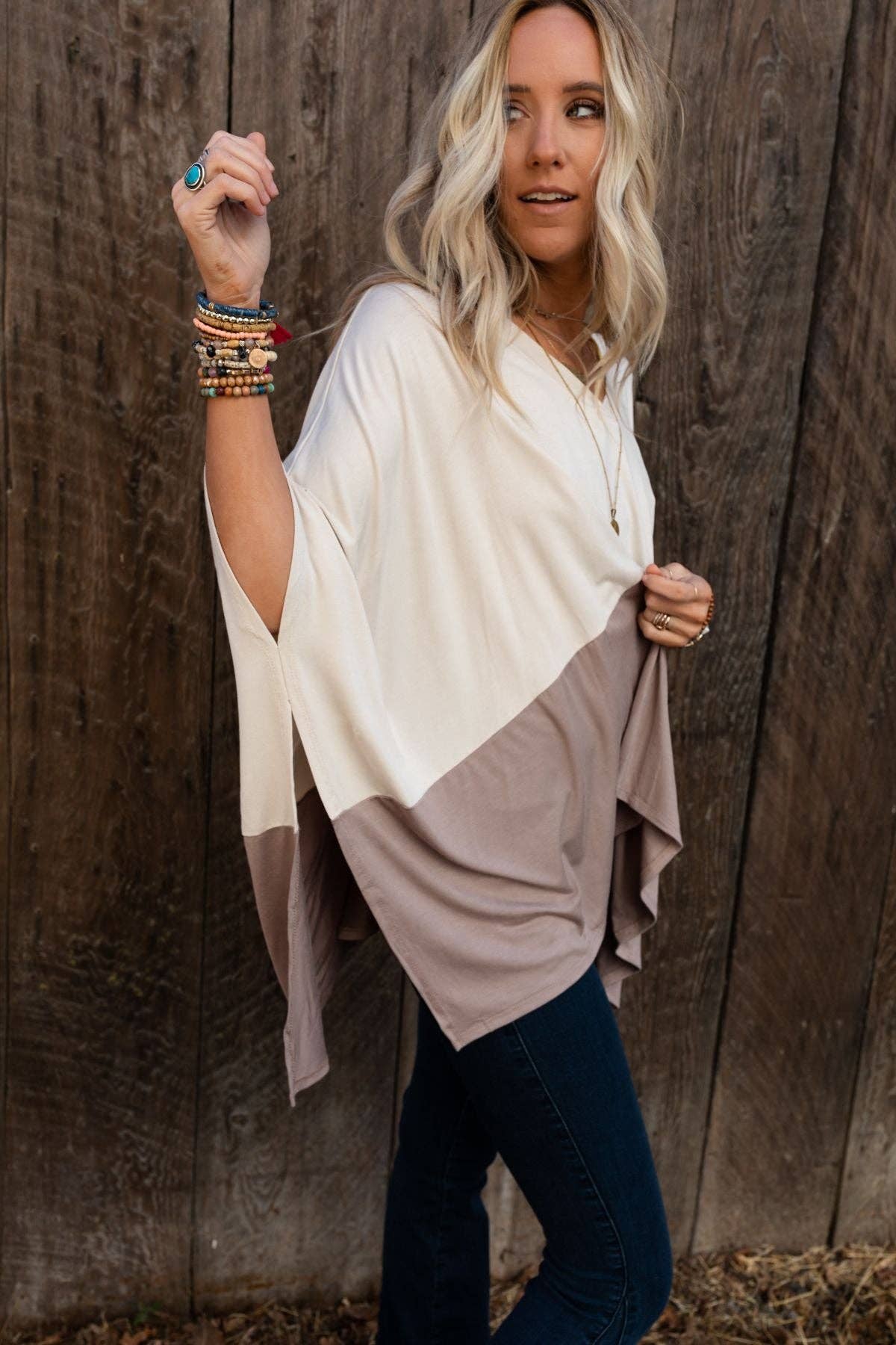 Oversized Coffee Sunsets V Neck Top - Brown