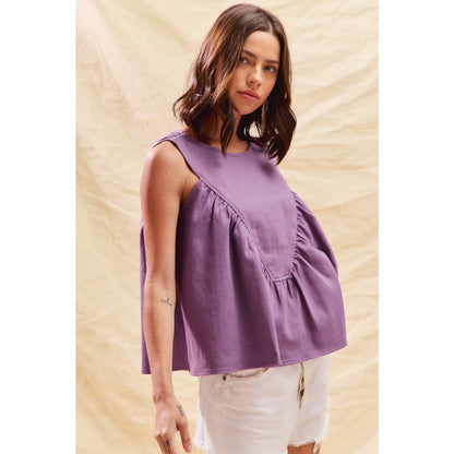GAME DAY COLOR DENIM RUCHED SLEEVELESS TOP