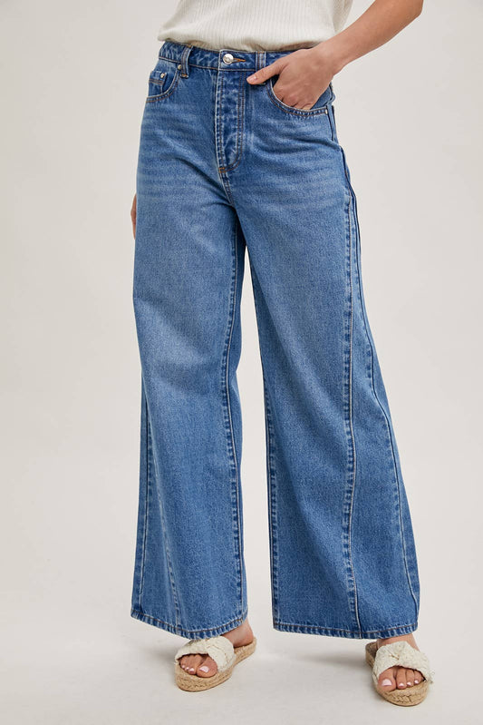 DENIM WIDE LEG MID RISE FLARE JEANS