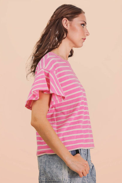 NT12476-Oversized Ruffle Sleeve Casual Stripe Knit Top