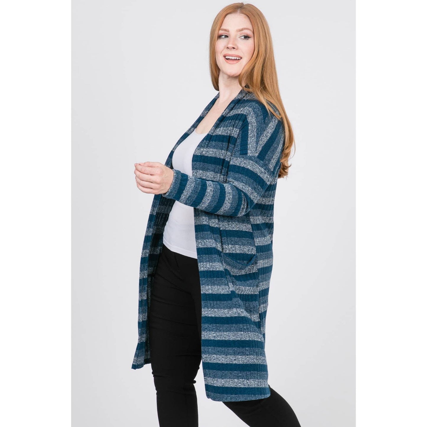PLUS STRIPE KNIT LONG SLEEVE CARDIGAN