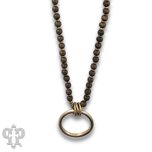 Wood bead necklace with matte gold finish pendant