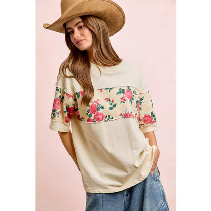 FLORAL PRINT SHORT SLEEVES FRENCH TERRY TOP