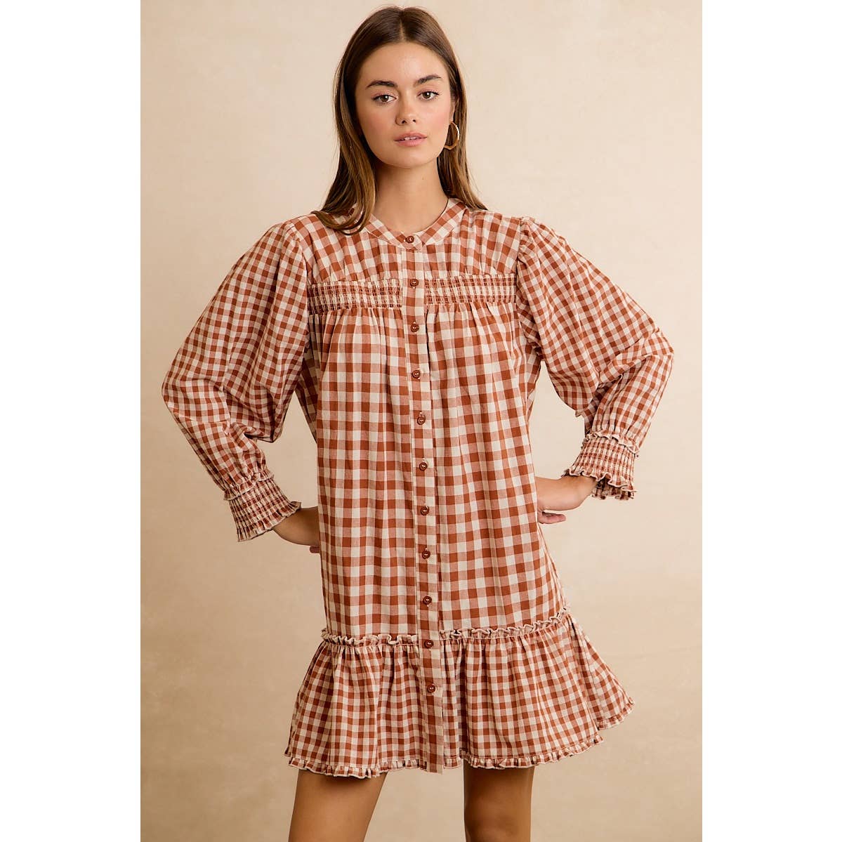 GINGHAM SMOCKED RUFFLE HEM MINI DRESS