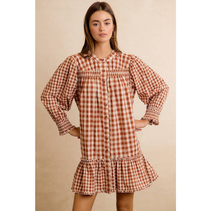 GINGHAM SMOCKED RUFFLE HEM MINI DRESS