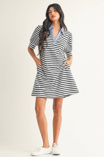 Stripe Contrast V Neck Collared T Shirt Mini Dress