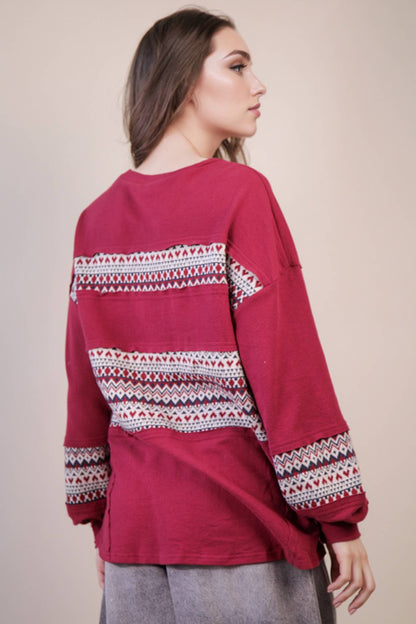 NT11784-Oversized Printed Knit Contrast Knit Top