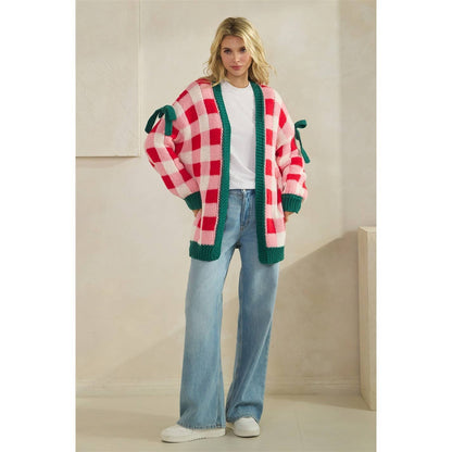 Checkered Cardigan with Ribbon Details