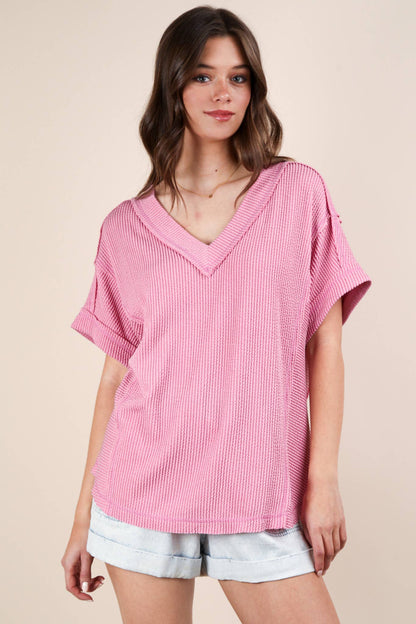 Soft Two Tone Casual Comfy Ribbed Knit Top