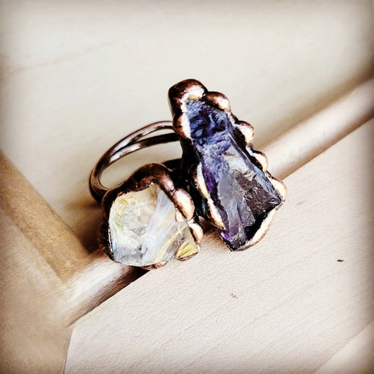 Genuine Amethyst and Quartz Ring in a Copper Setting