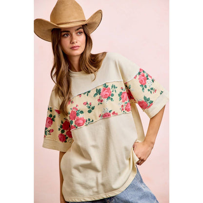 FLORAL PRINT SHORT SLEEVES FRENCH TERRY TOP