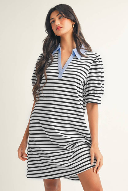 Stripe Contrast V Neck Collared T Shirt Mini Dress
