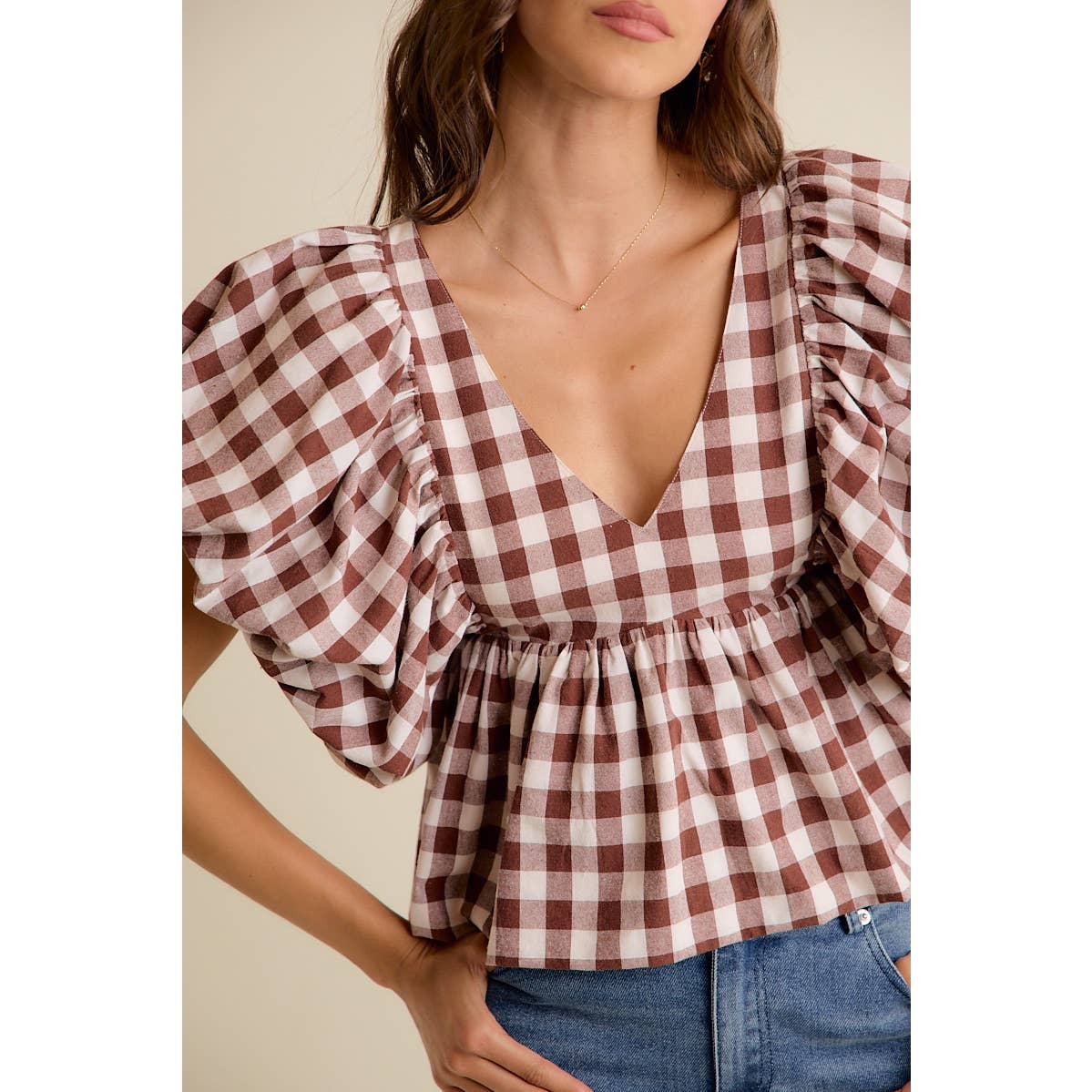 GINGHAM BUBBLE SLEEVES BACK SMOCKED BLOUSE TOP