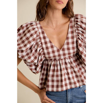 GINGHAM BUBBLE SLEEVES BACK SMOCKED BLOUSE TOP