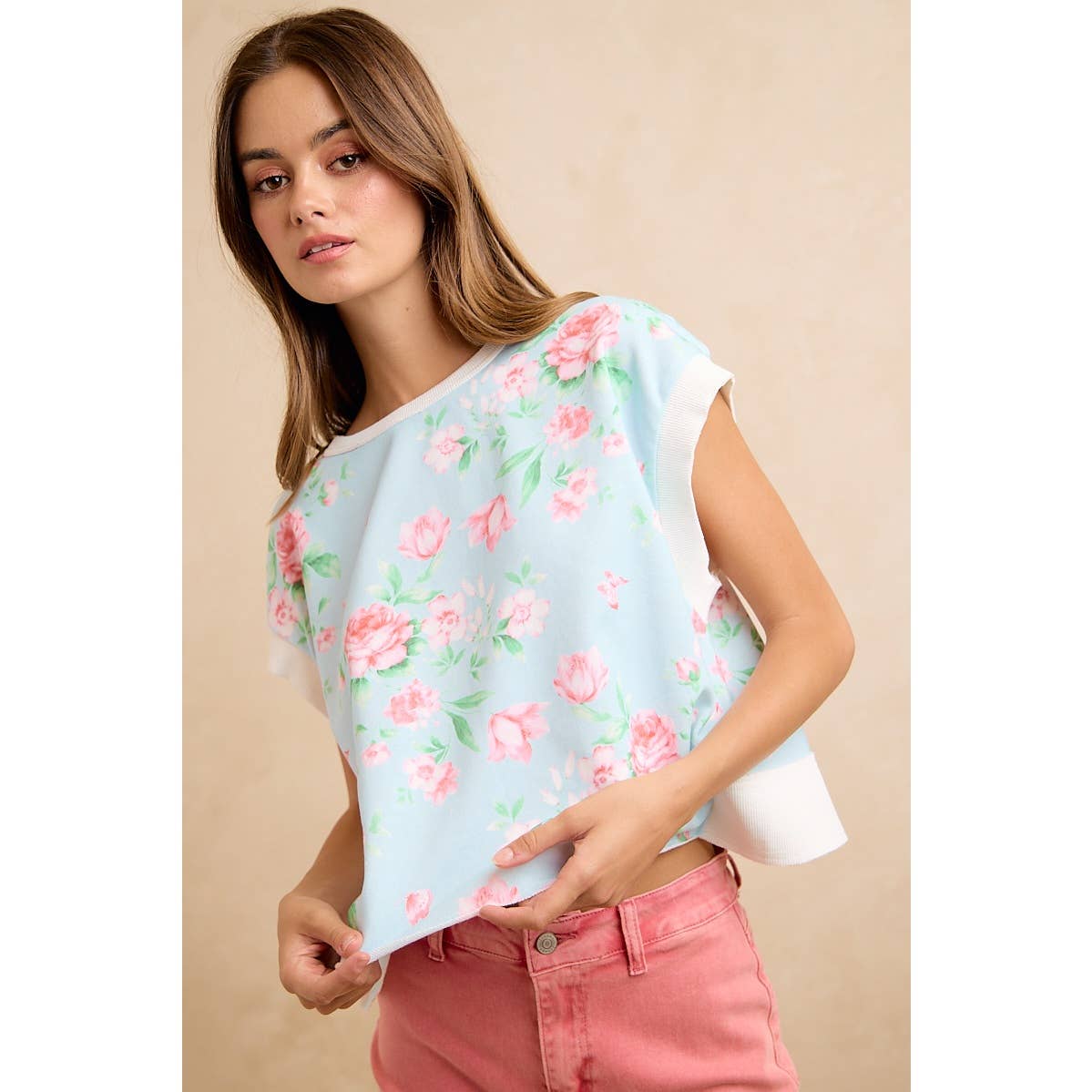 FLORAL PRINTED TERRY OPEN BACK SLEEVELESS TOP