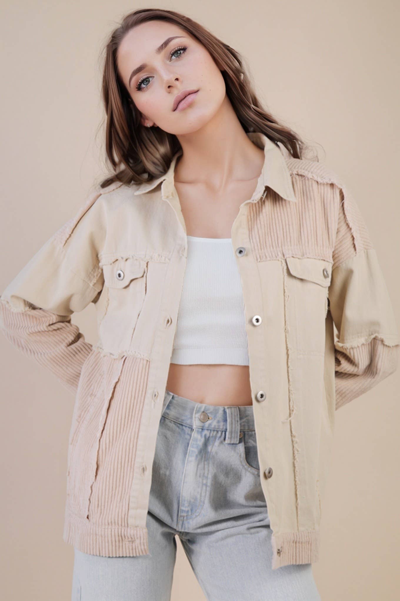 NJ90308X-PLUS SIZE Oversized Color Block Washed Shacket Jack