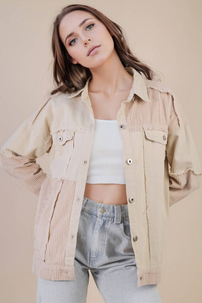 NJ90308X-PLUS SIZE Oversized Color Block Washed Shacket Jack