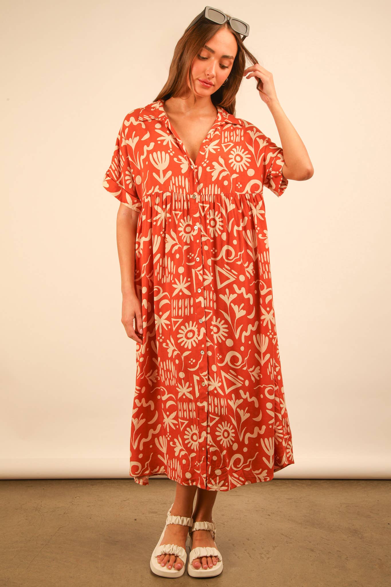 PLUS SIZE Oversized Printed Shirt Midi Dress