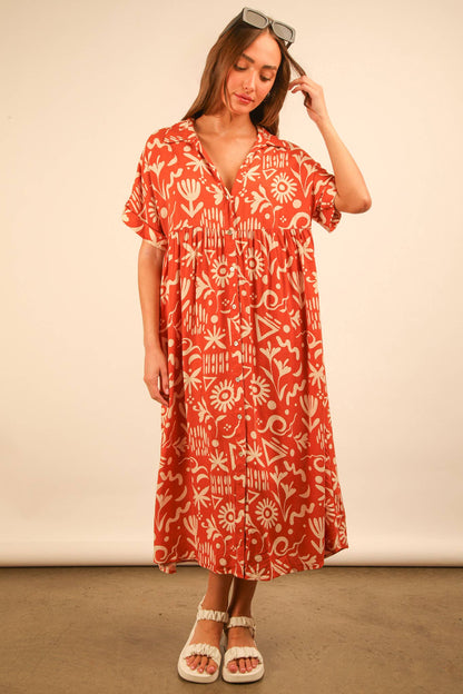 PLUS SIZE Oversized Printed Shirt Midi Dress