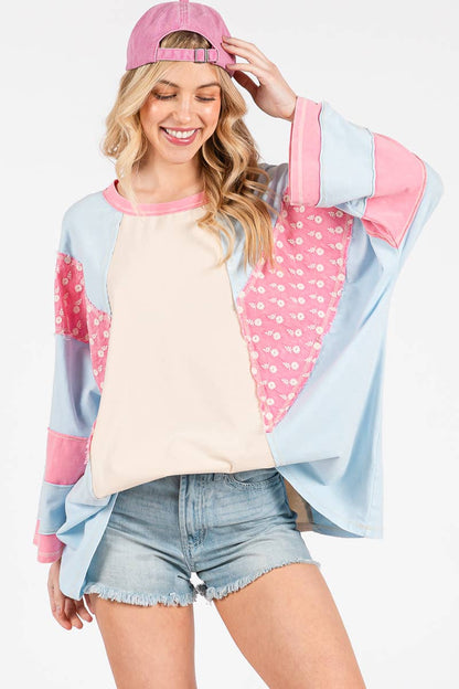 Mineral Washed Floral Patch Oversized Top
