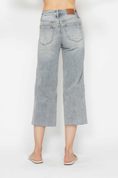 Mid-Rise Tummy Control Raw Hem Crop Wide Judy Blue