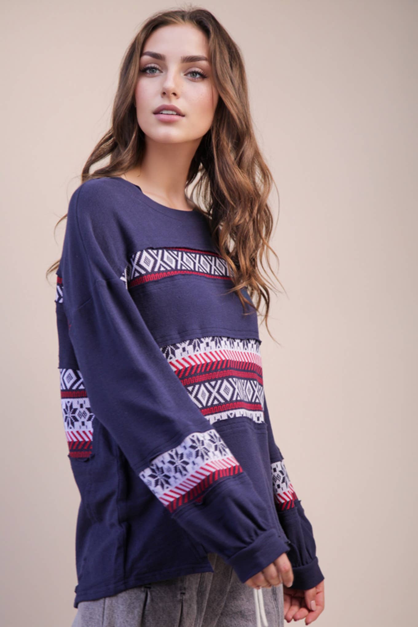 NT11784-Oversized Printed Knit Contrast Knit Top