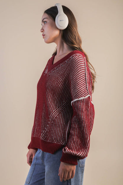 Oversized Two Tone Knit Casual Sweater Top