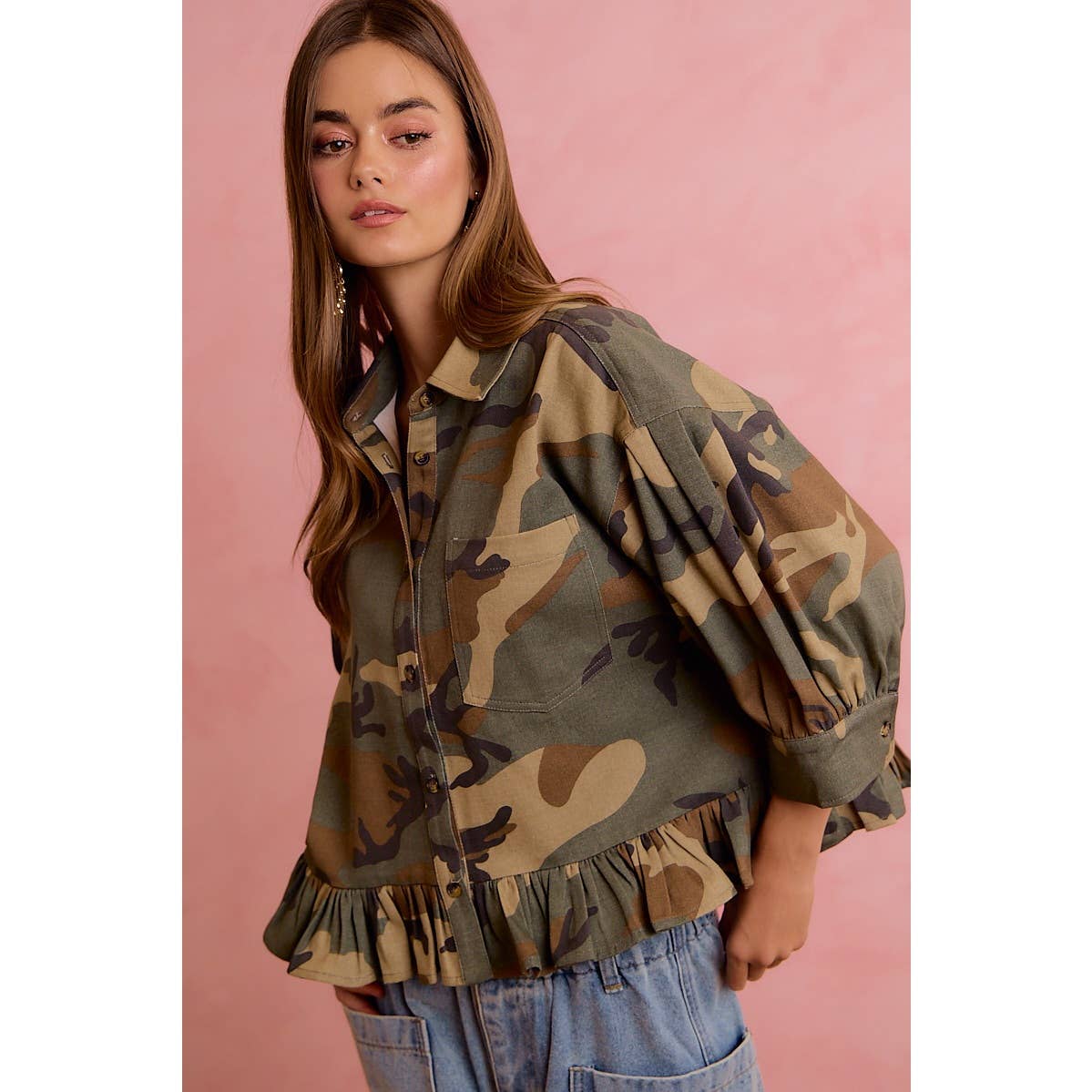 CAMO PRINTED RUFFLED HEM BUTTON DOWN BLOUSE