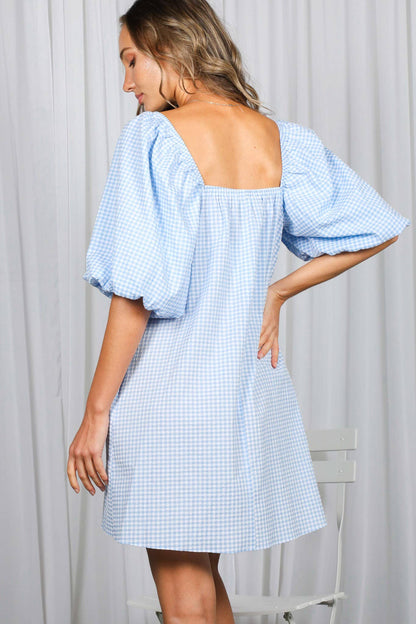 Casual Gingham Square Neck Mini Dress
