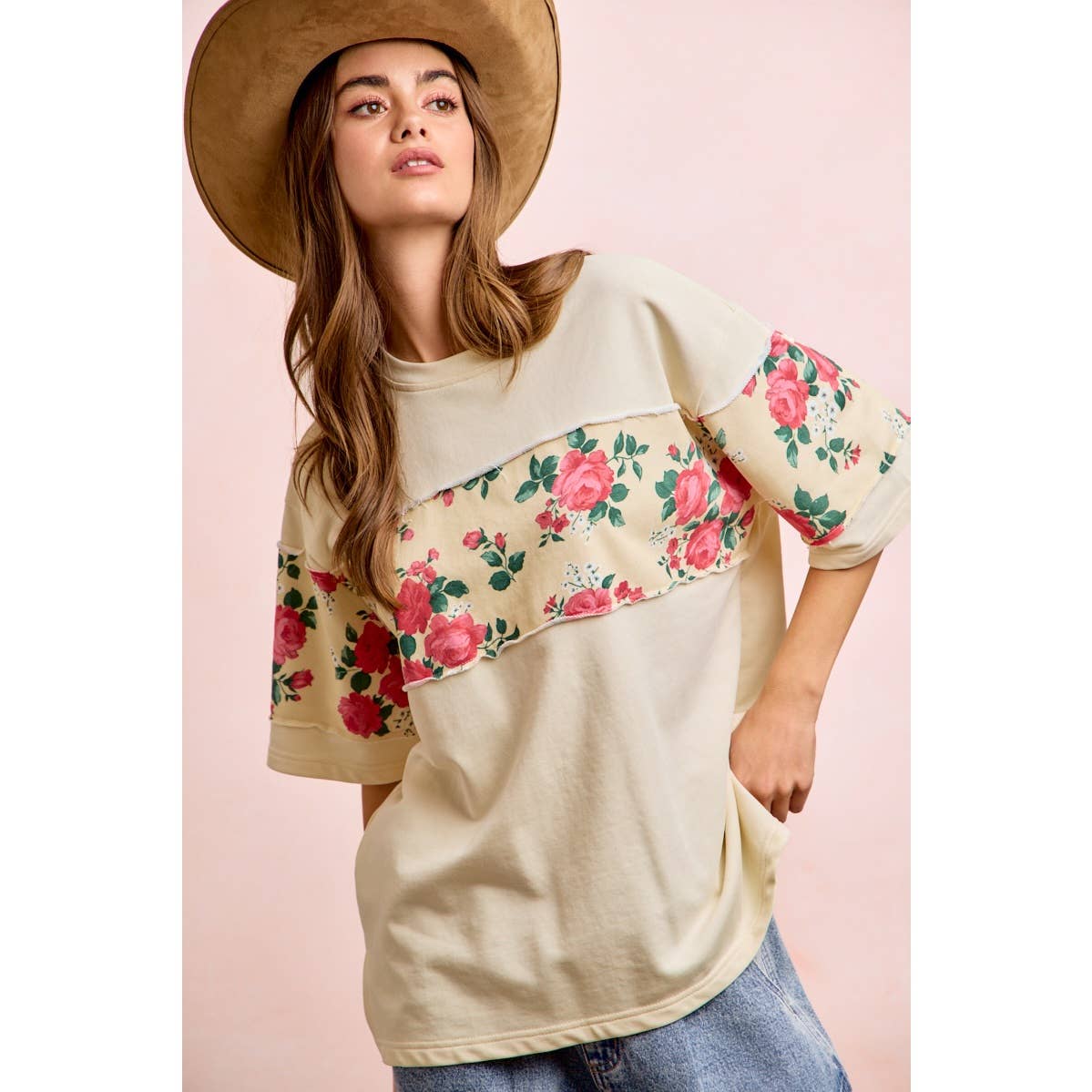 FLORAL PRINT SHORT SLEEVES FRENCH TERRY TOP