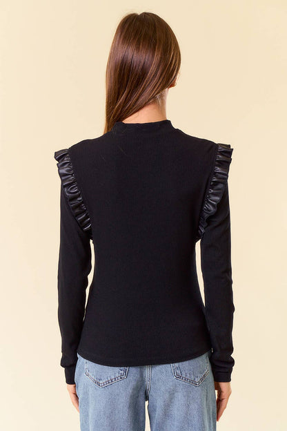 Mock Neck PU Ruffled Long Sleeve Top