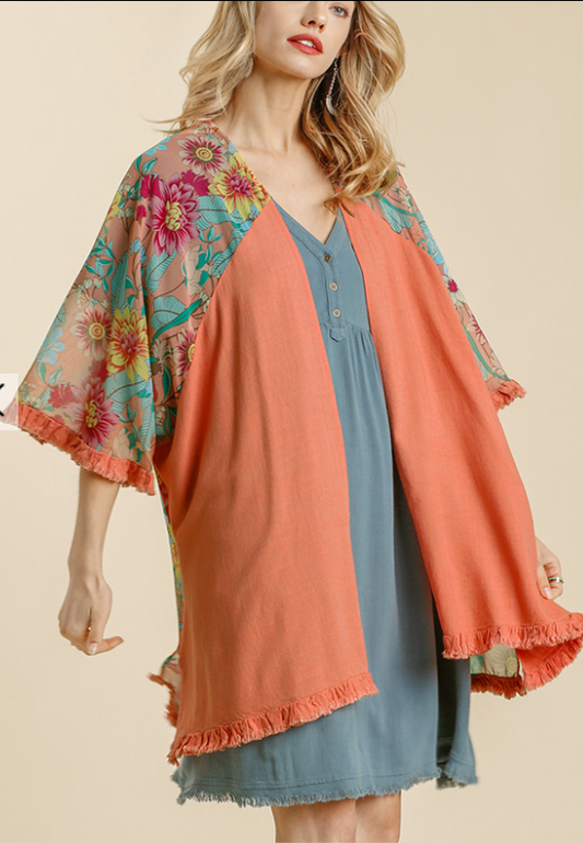 Floral Print Open Front Kimono Side Slits and Fringe Hem