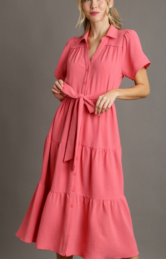 Collared Button Down Tiered Midi Dress