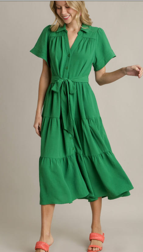 Collared Button Down Tiered Midi Dress